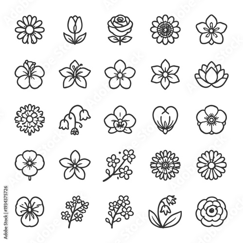 Collection of 24 black and white floral icons featuring various flower designs.