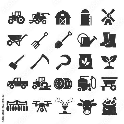 Set of farming equipment and agricultural icons in black silhouette style.