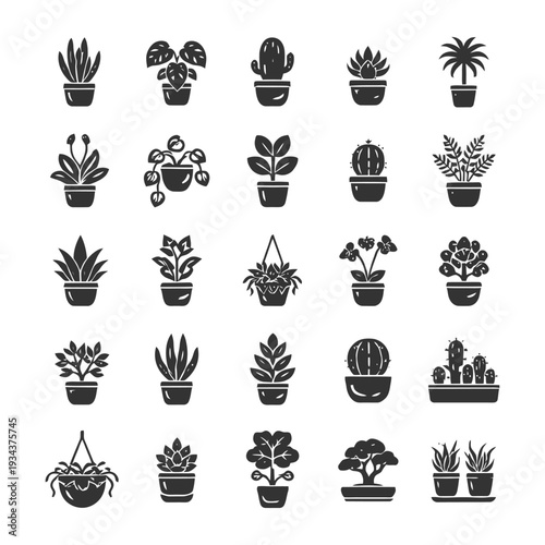 Collection of various potted plant silhouettes in black and white.