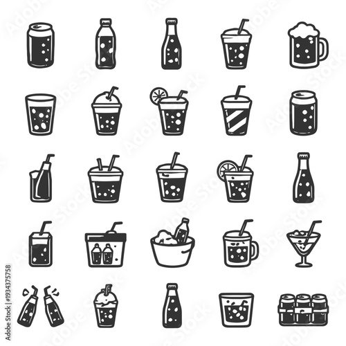 Various drink icons: cans, bottles, glasses, cocktails, straws.