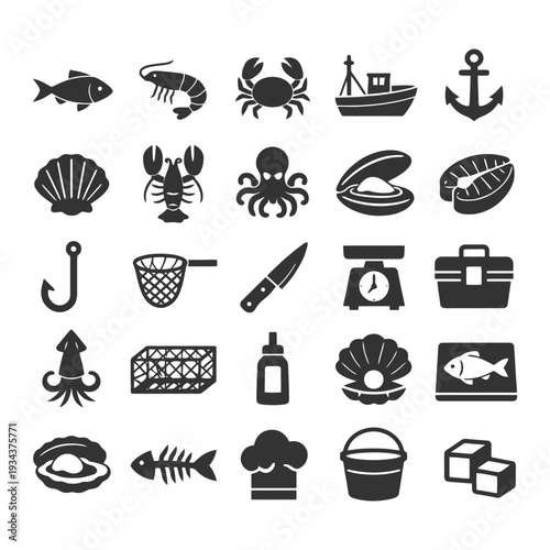 Seafood and fishing icons collection: fish, shellfish, tools, and equipment in silhouette.