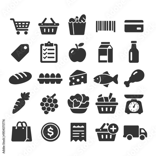 Icons of grocery shopping elements including food, basket, and cart.