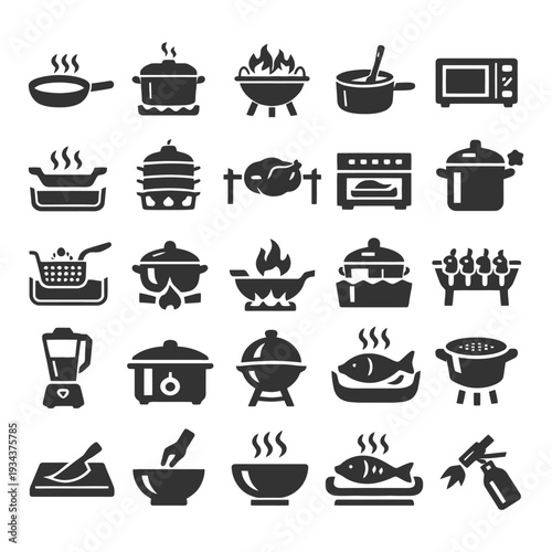 Collection of cooking and kitchen utensil icons for culinary designs.