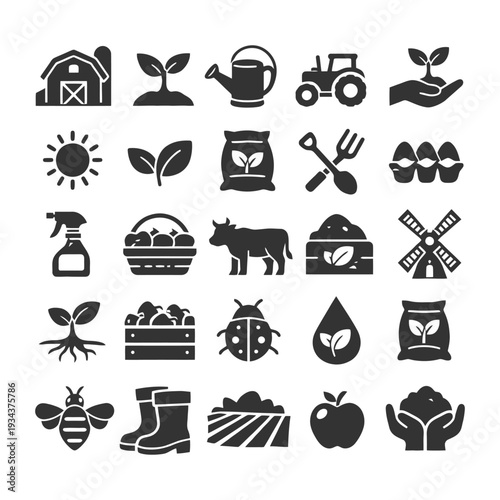 Agriculture icons set: farm, plants, animals, and garden tools in black silhouette.