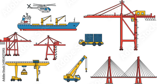 Maritime logistics and port equipment set, cargo ship, gantry cranes, truck, helicopter and bridge, industrial transportation vector illustration isolated on white background