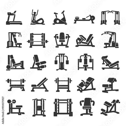 Silhouette collection of various gym equipment icons for fitness and exercise.