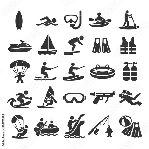 Water sports icon set: diverse activities and gear collection.