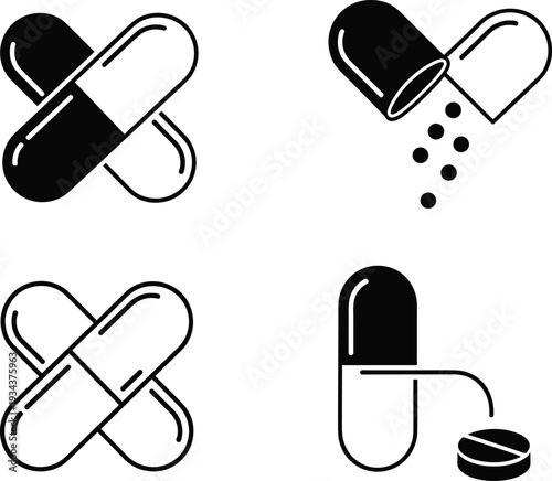Medicine and pharmaceutical icon set with capsules, tablets, and pill designs, minimal black line art illustration for healthcare, pharmacy, and medical treatment concepts