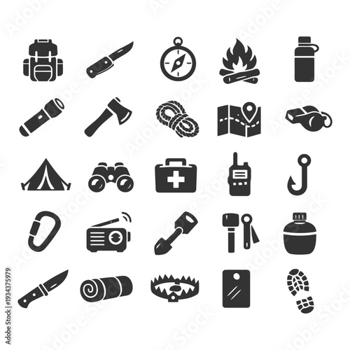 Outdoor adventure icons: backpack, compass, fire, knife, tent, first aid kit, binoculars.