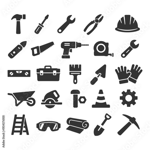 Collection of construction tools icons including hammer, drill, wrench, hard hat, and ladder.