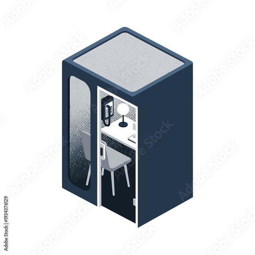 Vector isometric illustration Modern acoustic privacy booth. Compact soundproof workspace for focused tasks and quiet calls in open offices