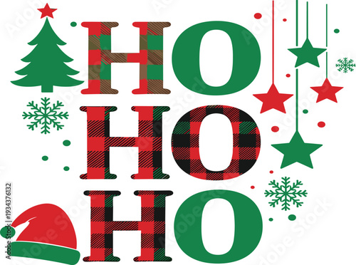 Ho Ho Ho Christmas Typography with Tree and Santa Hat Isolated on White Background Vector Illustration