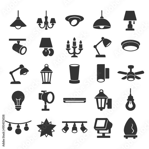 Diverse lighting fixtures set: lamps, chandeliers, spotlights, lanterns, ceiling lights.