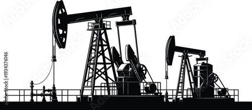 Oil pumpjack silhouettes at petroleum field, onshore drilling equipment for crude oil extraction, energy production industry infrastructure, fossil fuel mining vector illustration isolated