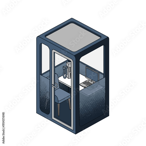 Isometric vector illustration of a soundproof office booth with a desk, chair, computer, and phone, perfect for private calls or quiet work