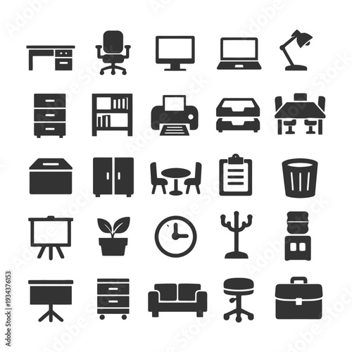 Collection of office equipment and furniture icons in black and white.