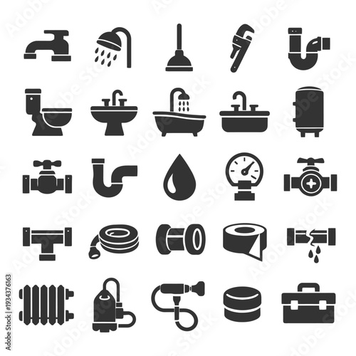 Comprehensive plumbing icons: fixtures, tools, and equipment collection.