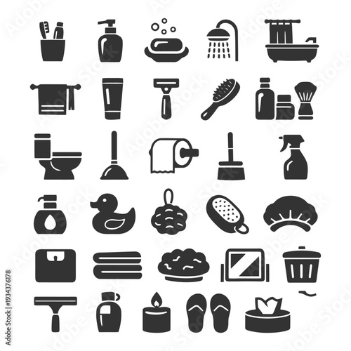 Bathroom essentials icons set including toiletries, shower, bathtub, and cleaning tools.