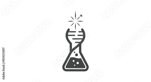 Laboratory flask with bubbling liquid and starburst, symbolizing innovation and discovery