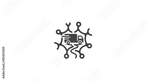 Digital Logistics Network Icon: Truck Delivering Goods via Connected Nodes