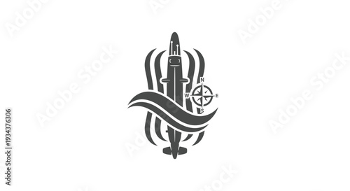 Submarine Navigation Icon with Compass and Waves