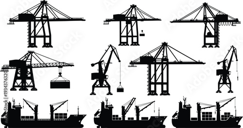 Port gantry cranes and cargo ships collection, container terminal equipment, maritime freight transportation silhouettes, industrial harbor logistics set isolated on white background 