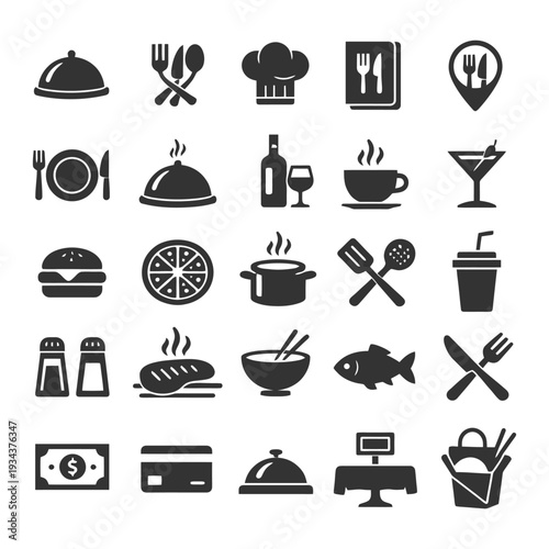 Restaurant and culinary icons: food, drink, and dining symbols collection.