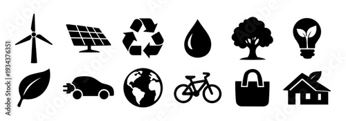 Sustainability and Environmental Protection Silhouettes – Renewable Energy, Recycling and Green Technology Icon Set