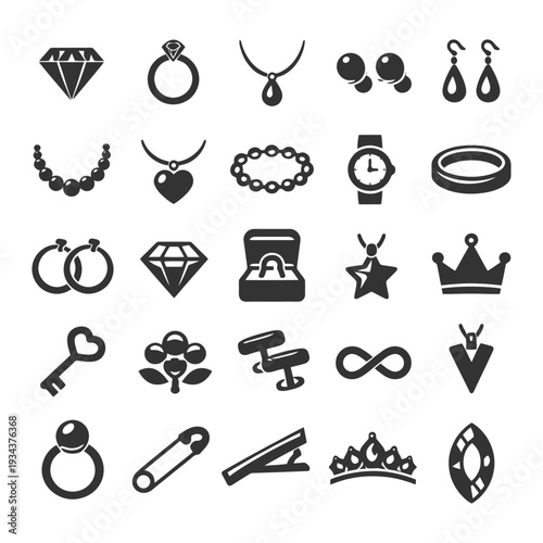 Jewelry icons collection: rings, necklaces, earrings, watch, bracelet, tiara.
