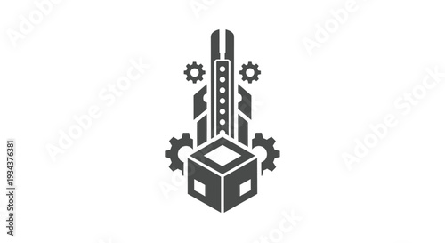 Industrial abstract logo with gears and cube, representing manufacturing and engineering