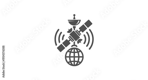 Satellite orbiting Earth, global communication and technology concept, vector illustration