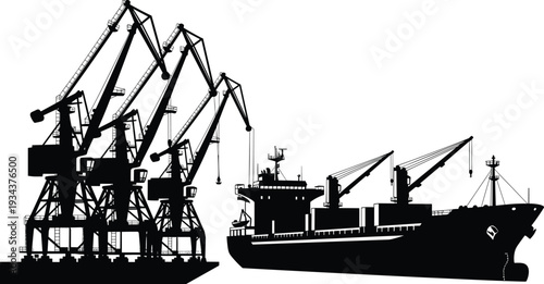 Silhouette of cargo ship and industrial port cranes at harbor, global shipping logistics, maritime freight transportation, commercial seaport infrastructure concept illustration isolated black vector