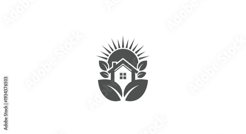 Earthy Home Emblem: Sun, House, Leaves, Eco-friendly Concept