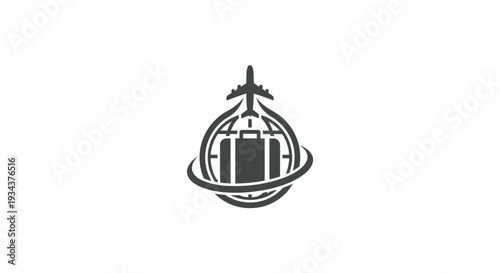 Airplane flying around globe with suitcase icon, travel concept logo