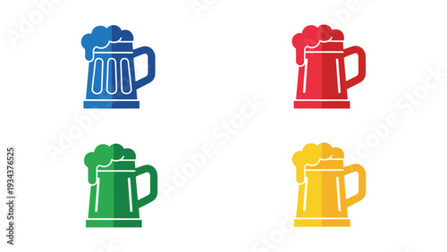 Four colorful beer mugs with different frothy tops and handles displayed in a grid layout