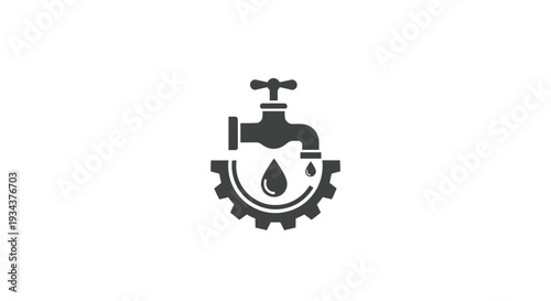 Water Faucet and Gear Icon: Industrial Water Supply and Plumbing Concept
