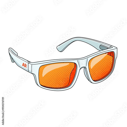 Vector illustration of AR glasses with orange lenses, futuristic eyewear with AR branding on the arm, perfect for tech and virtual reality concepts
