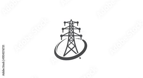 Electric power transmission tower icon with circular energy flow outline