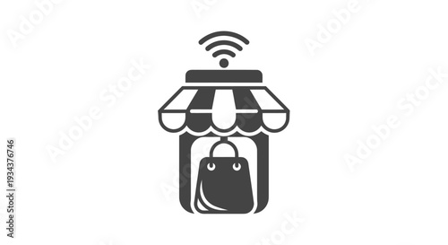 Online Shopping Icon: Smartphone, Shopping Bag, Storefront, Wi-Fi Signal