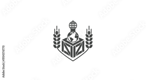 Global Grain Trade Logistics Emblem: Wheat, Globe, and Cube Icon