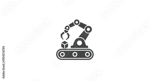 Robotic Arm Picking Up Cube on Conveyor Belt, Industrial Automation Icon