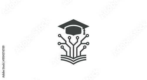 Digital Education Concept: Graduation Cap on Circuit Board Emerging from Open Book
