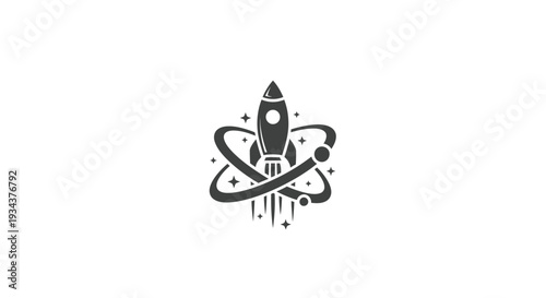 Retro Rocketship Orbiting Atom Symbol, Space Exploration and Science Concept Icon