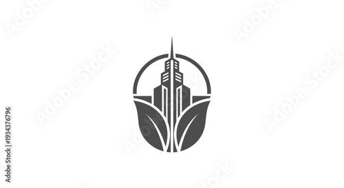 Eco-friendly city concept logo: skyscraper with leaves inside a circle