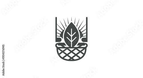 Leaf symbol in basket with sun rays, eco concept logo icon