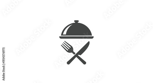 Restaurant Icon: Serving Dish with Crossed Fork and Knife on White Background