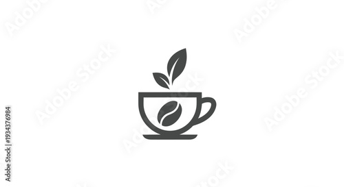 Coffee cup icon with coffee bean and leaves, minimalist design
