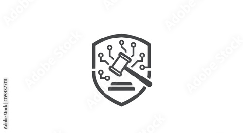 Digital Security Law Concept: Gavel inside Shield with Circuit Board Elements