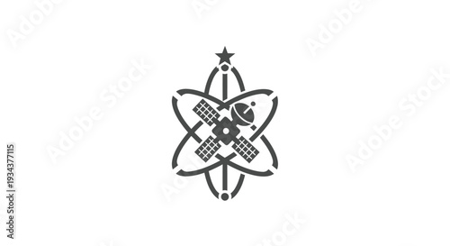 Satellite orbiting atomic symbol, representing space exploration and scientific discovery