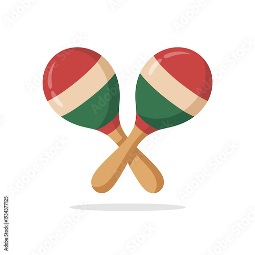Two colorful maracas crossed over each other on white background